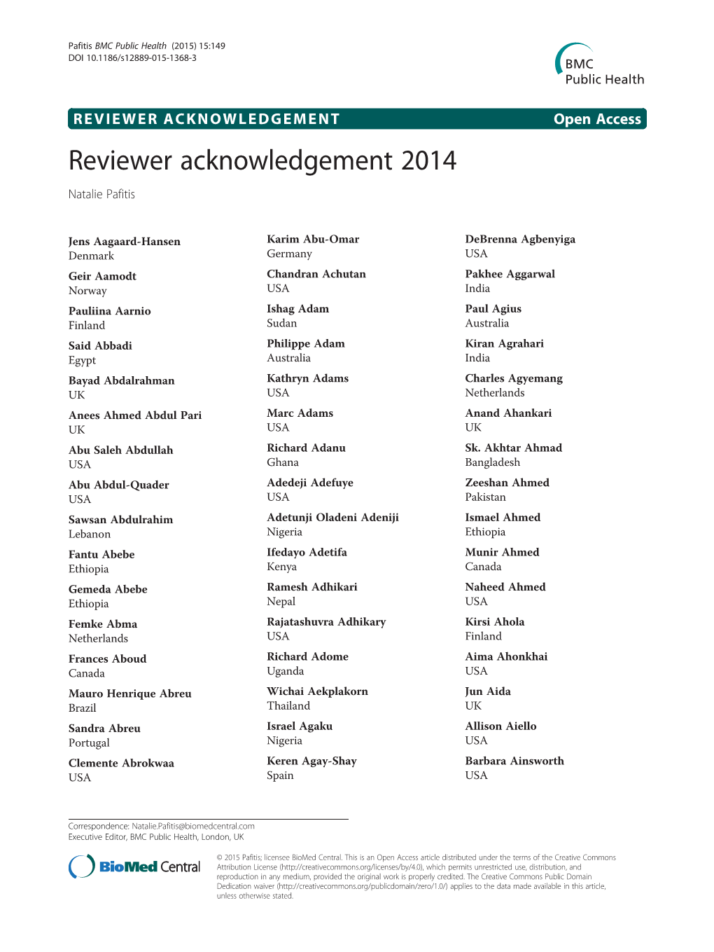 Reviewer Acknowledgement 2014 Natalie Pafitis