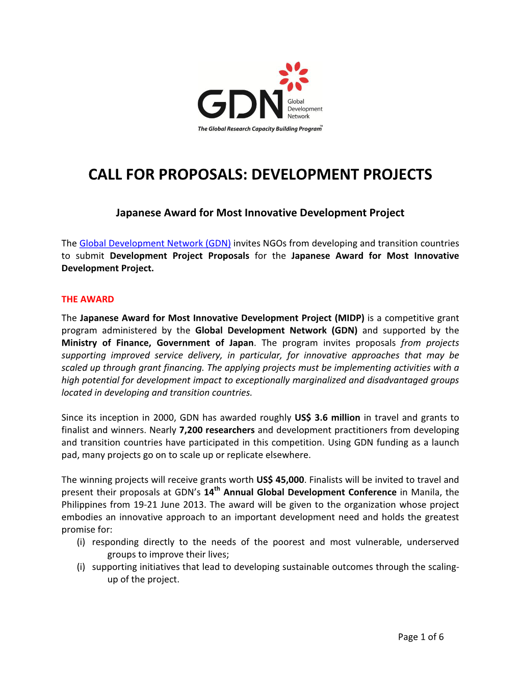 Call for Proposals: Development Projects