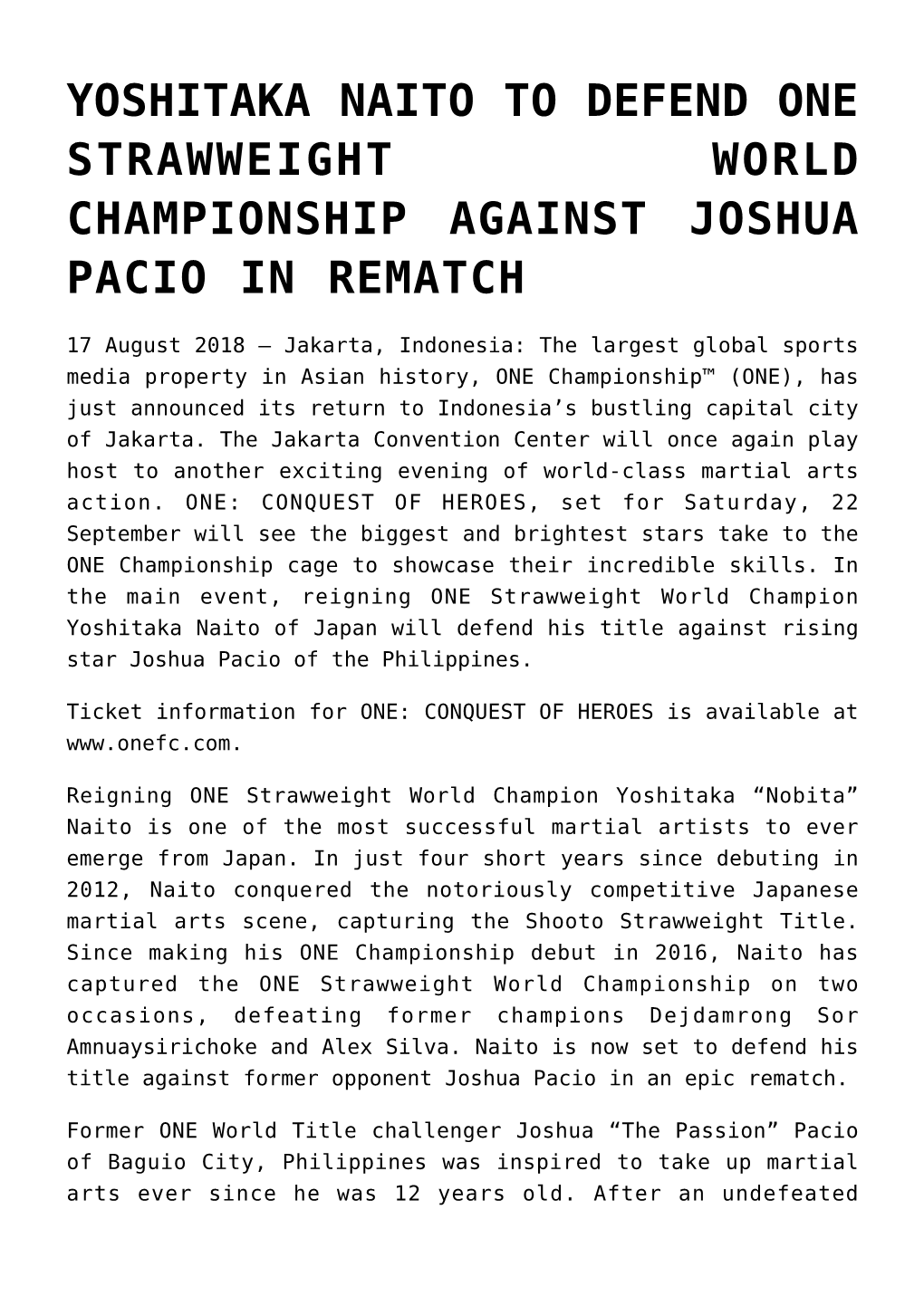 Yoshitaka Naito to Defend One Strawweight World Championship Against Joshua Pacio in Rematch