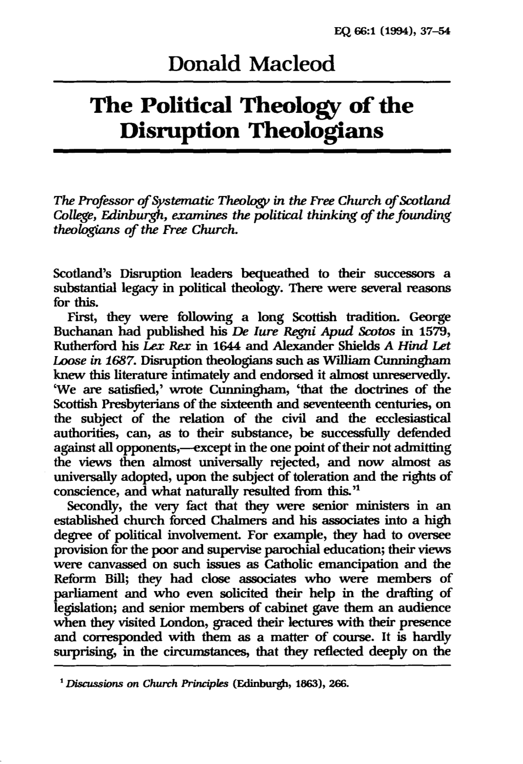 The Political Theology of the Disniption Theologians