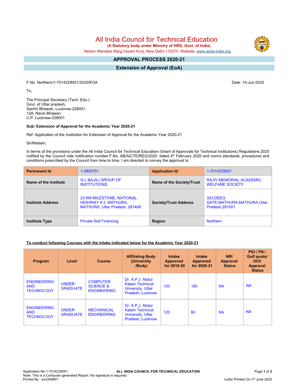 2020-21 - Extension of Approval (Eoa)