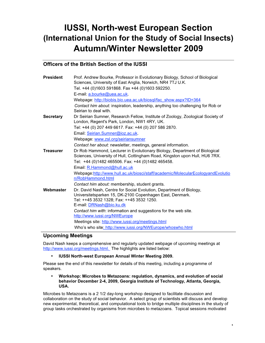 IUSSI, North-West European Section Autumn/Winter Newsletter 2009