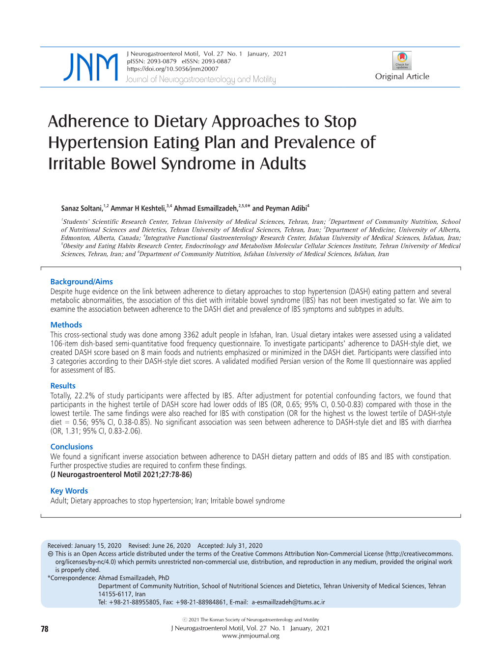 Adherence to Dietary Approaches to Stop Hypertension Eating Plan and Prevalence of Irritable Bowel Syndrome in Adults