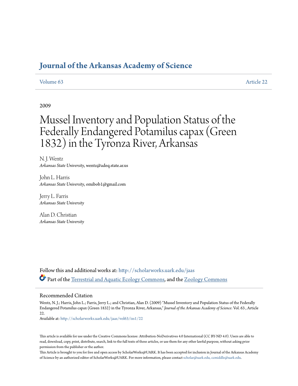 Mussel Inventory and Population Status of the Federally Endangered Potamilus Capax (Green 1832) in the Tyronza River, Arkansas N