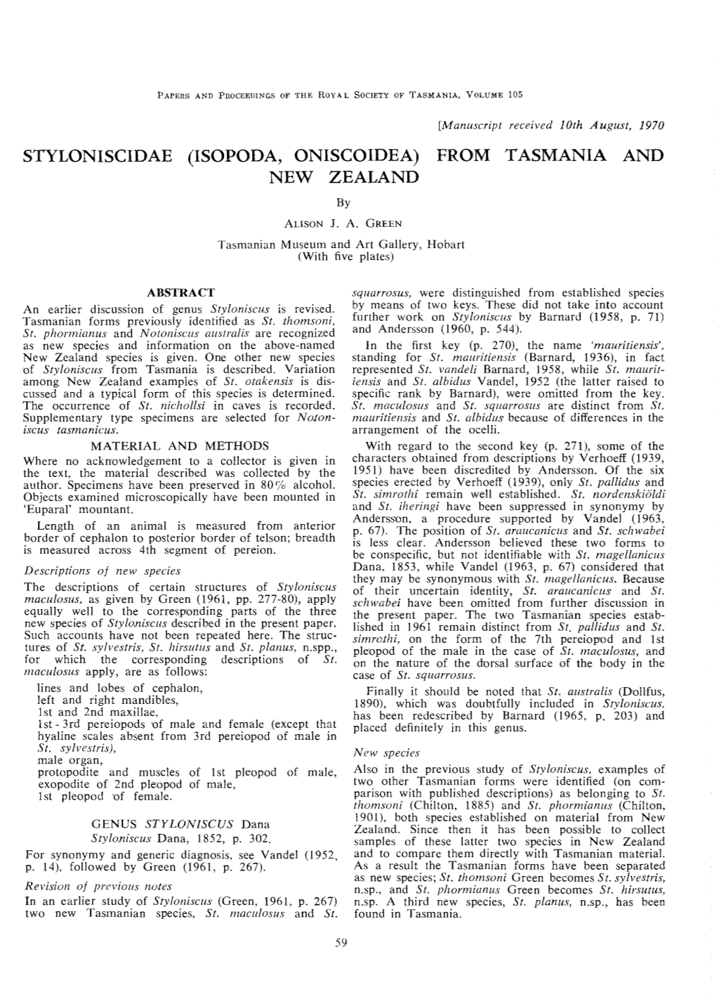 STYLONISCIDAE (ISOPODA, ONISCOIDEA) from TASMANIA and NEW ZEALAND By