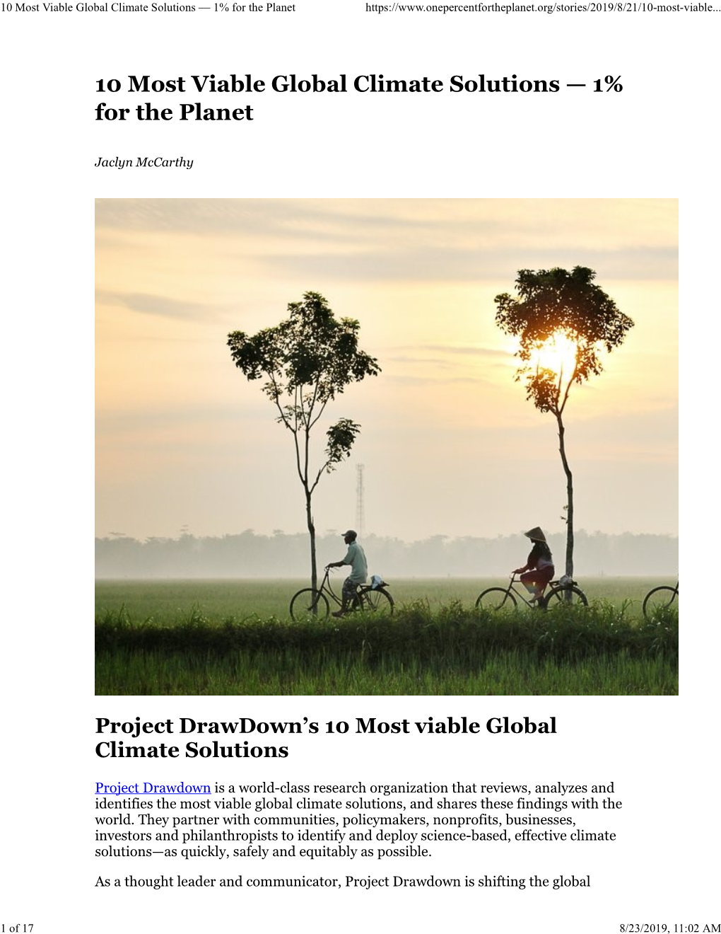 10 Most Viable Global Climate Solutions — 1% for the Planet
