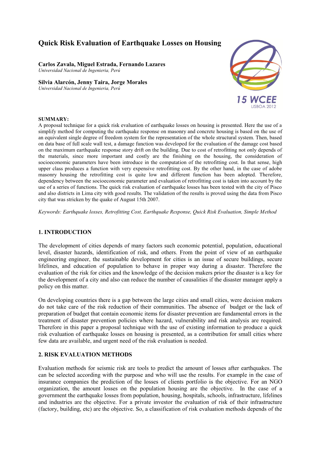 Quick Risk Evaluation of Earthquake Losses on Housing Using Socioeconomic Parameterspaper Title Line 1