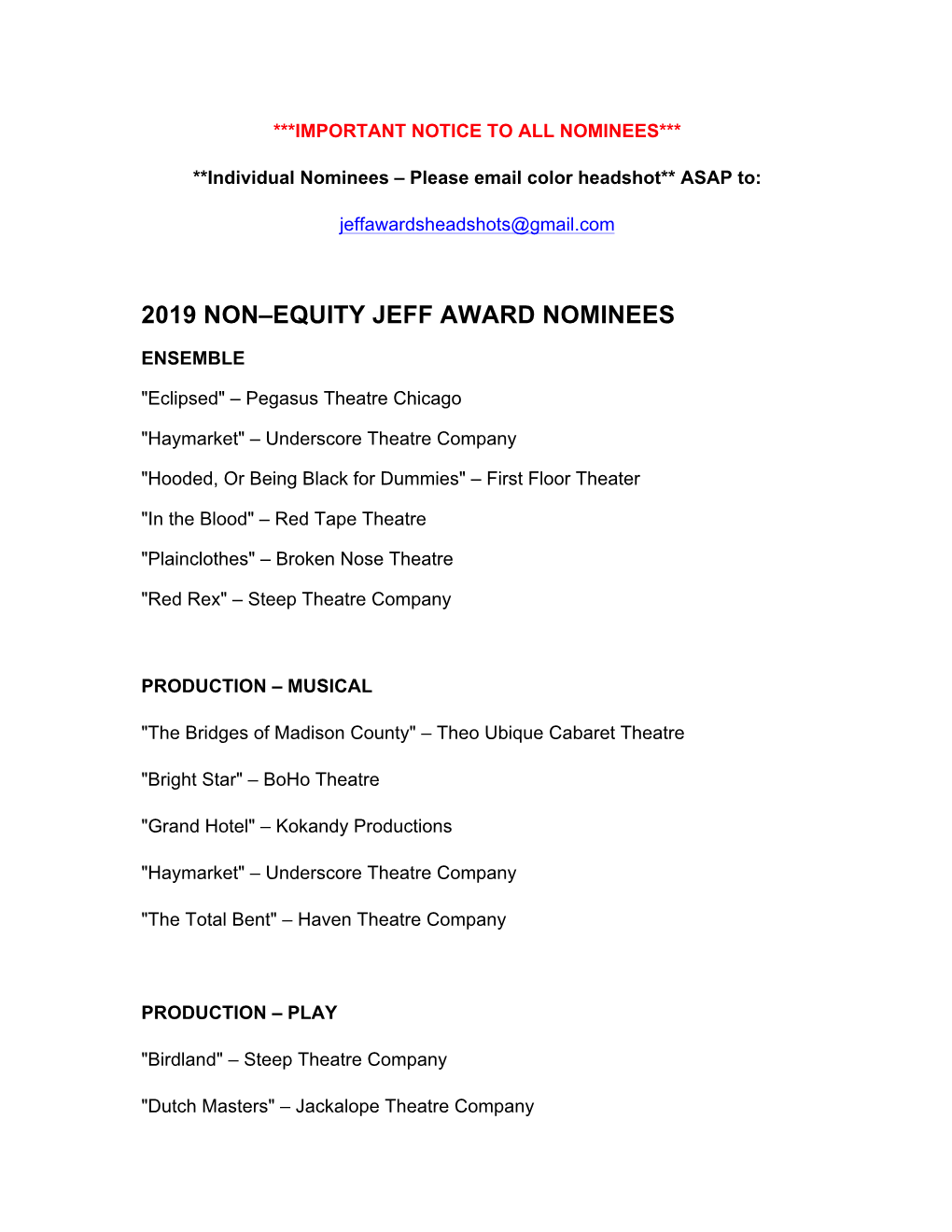 2019 Non–Equity Jeff Award Nominees