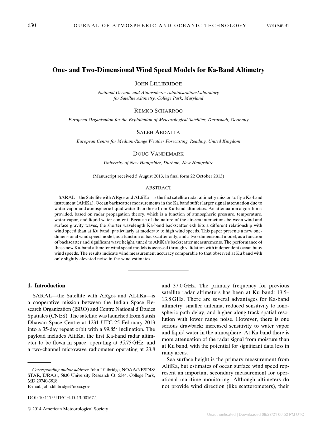 And Two-Dimensional Wind Speed Models for Ka-Band Altimetry