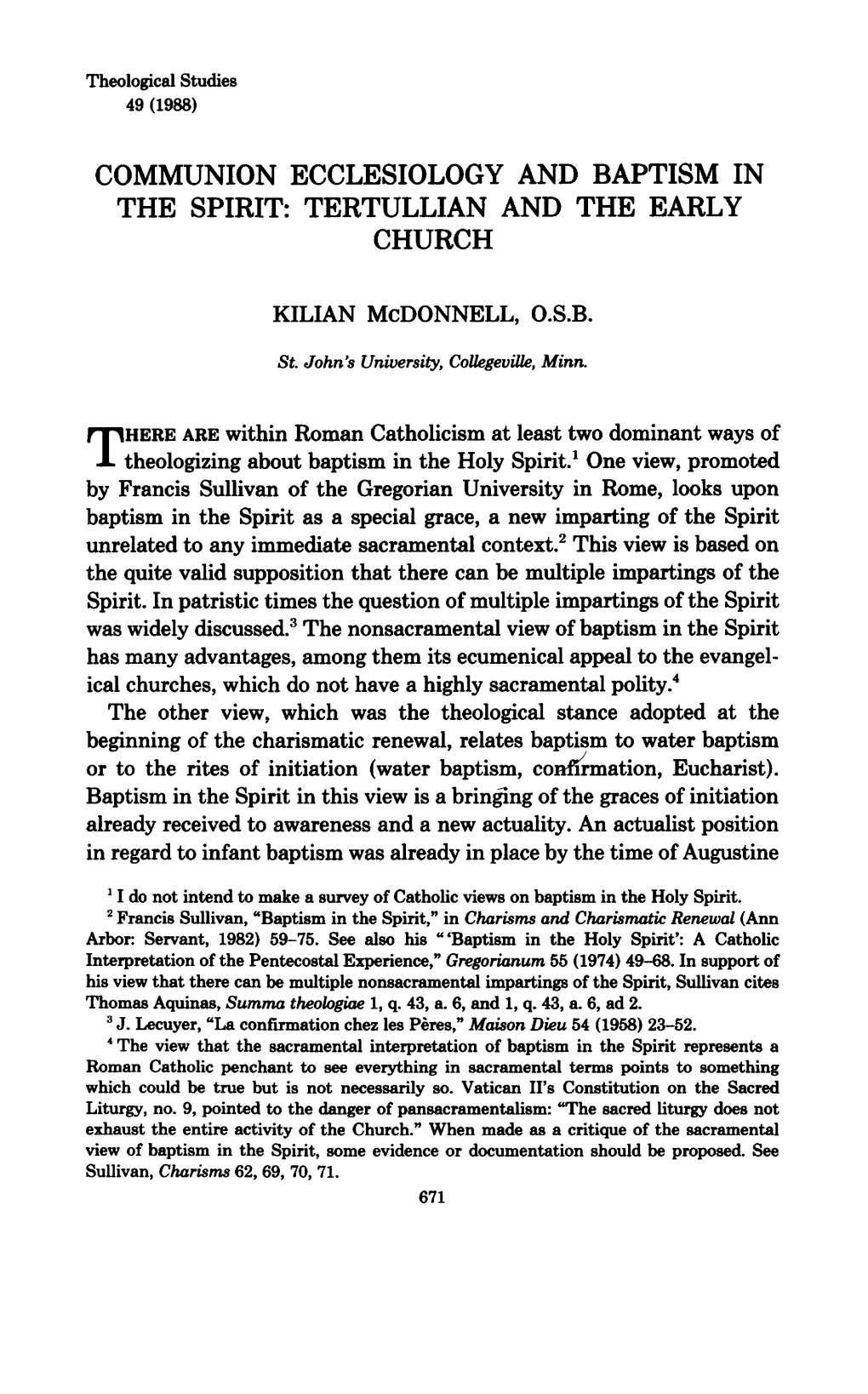 Communion Ecclesiology and Baptism in the Spirit: Tertullian and the Early Church