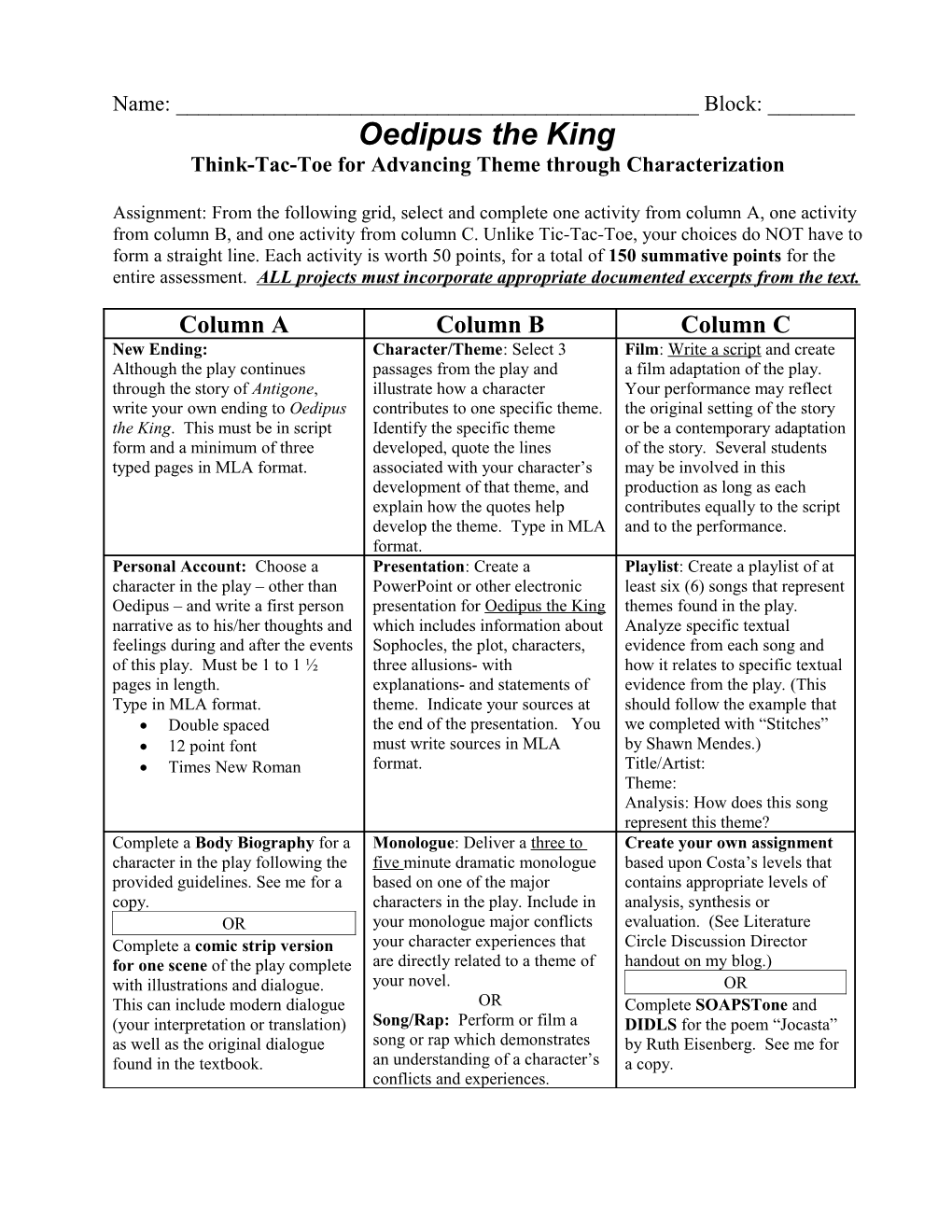 Think Tac Toe for Advancing Theme Through Characterization