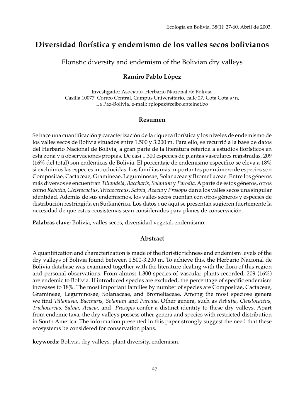 Diversidad Florística Y Endemismo De Los Valles Secos Bolivianos