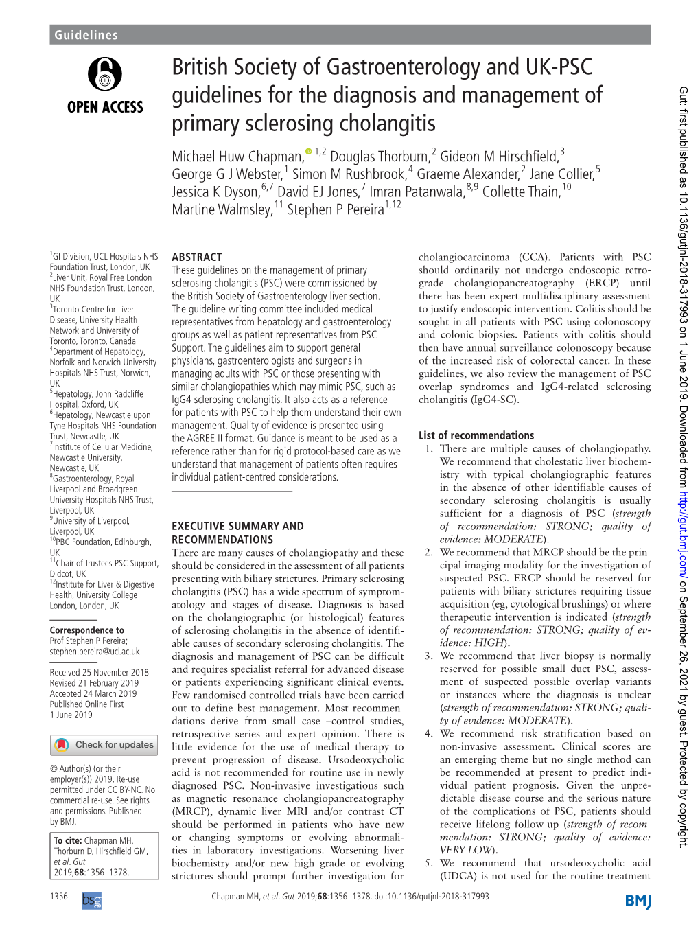 British Society of Gastroenterology and UK-PSC Guidelines for the Diagnosis and Management of Gut: First Published As 10.1136/Gutjnl-2018-317993 on 1 June 2019