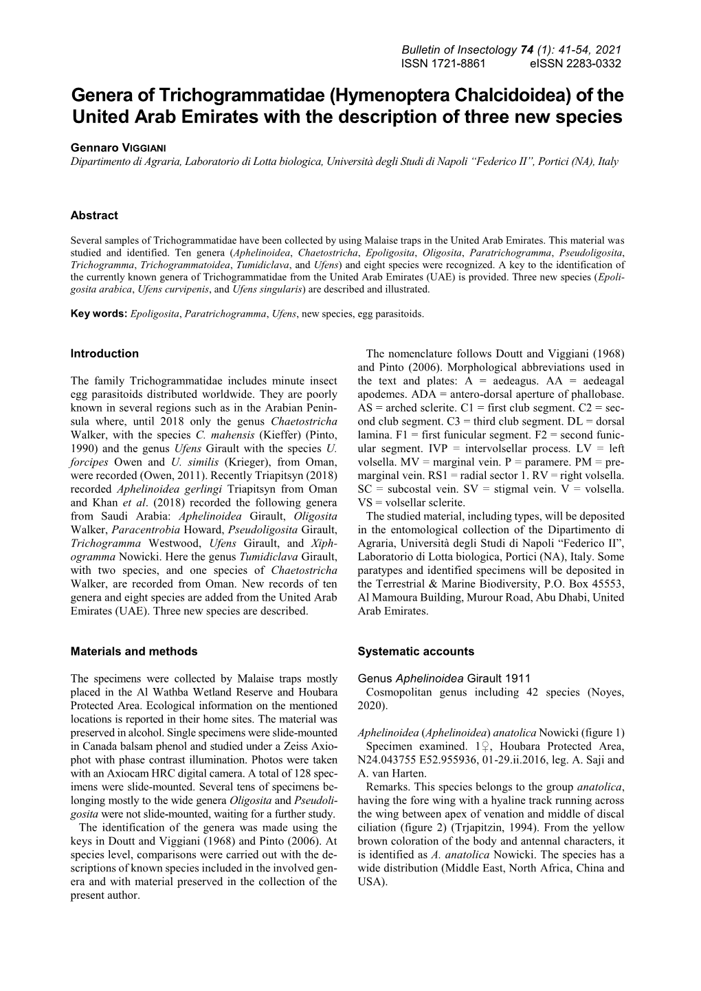 Genera of Trichogrammatidae (Hymenoptera Chalcidoidea) of the United Arab Emirates with the Description of Three New Species