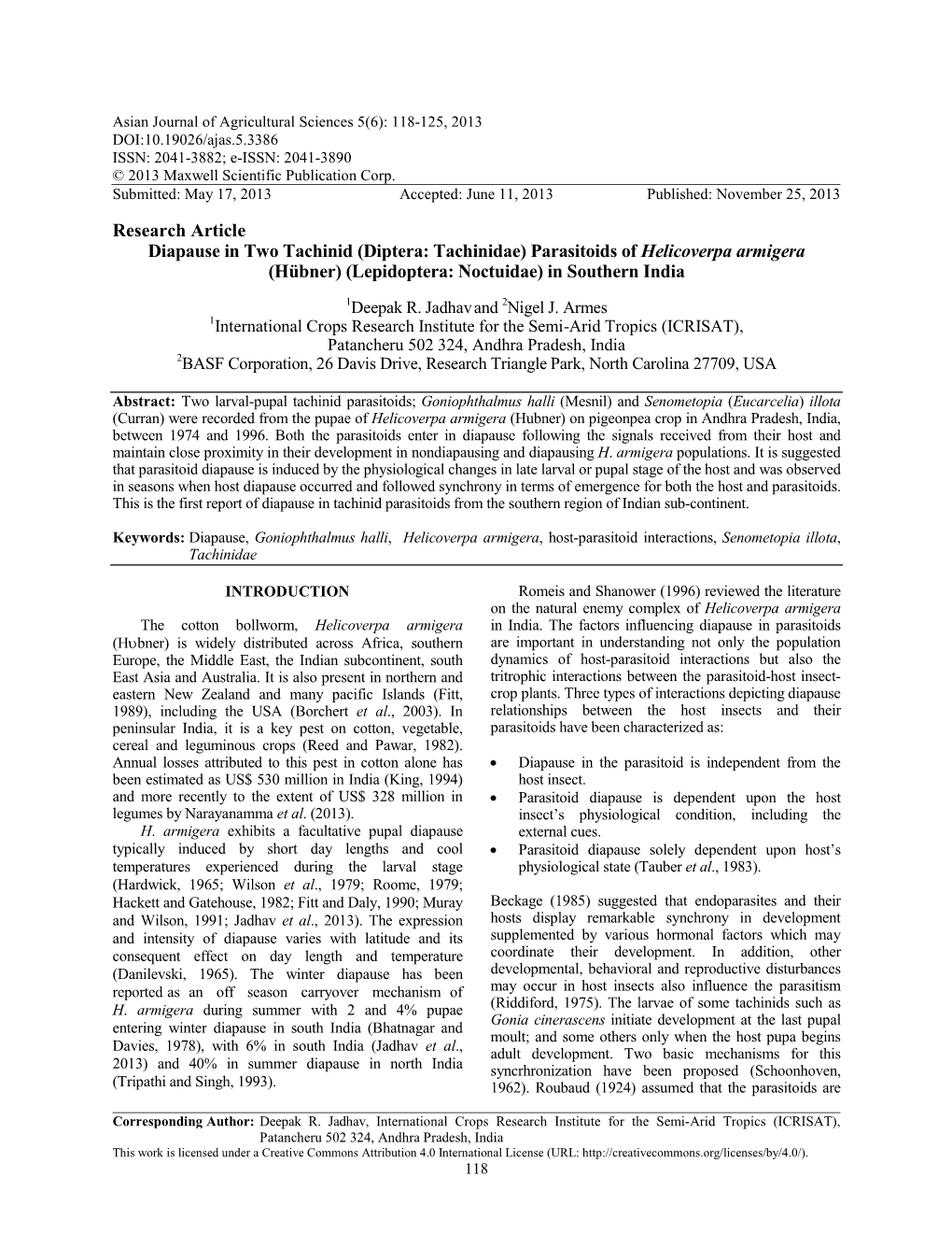 Parasitoids of Helicoverpa Armigera (Hübner) (Lepidoptera: Noctuidae) in Southern India