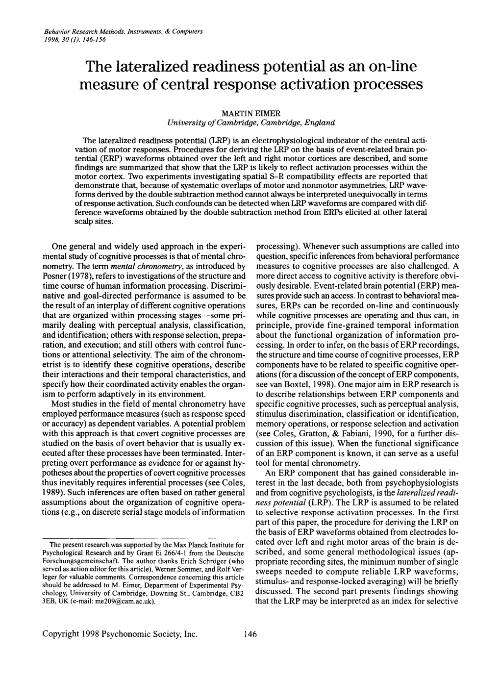 The Lateralized Readiness Potential As an On-Line Measure of Central Response Activation Processes