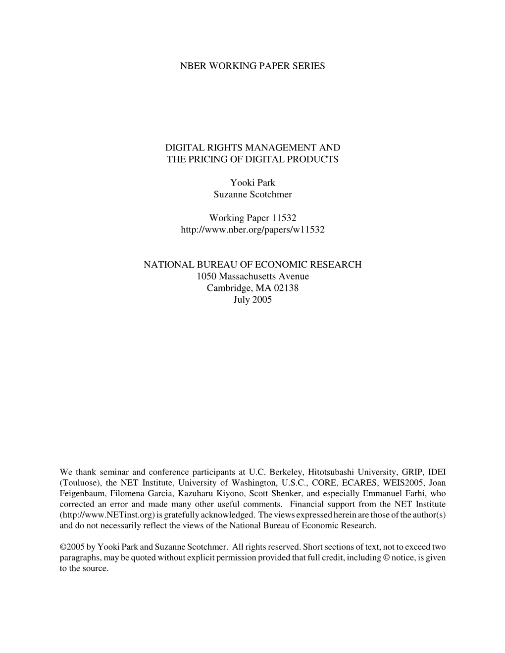 Nber Working Paper Series Digital Rights Management
