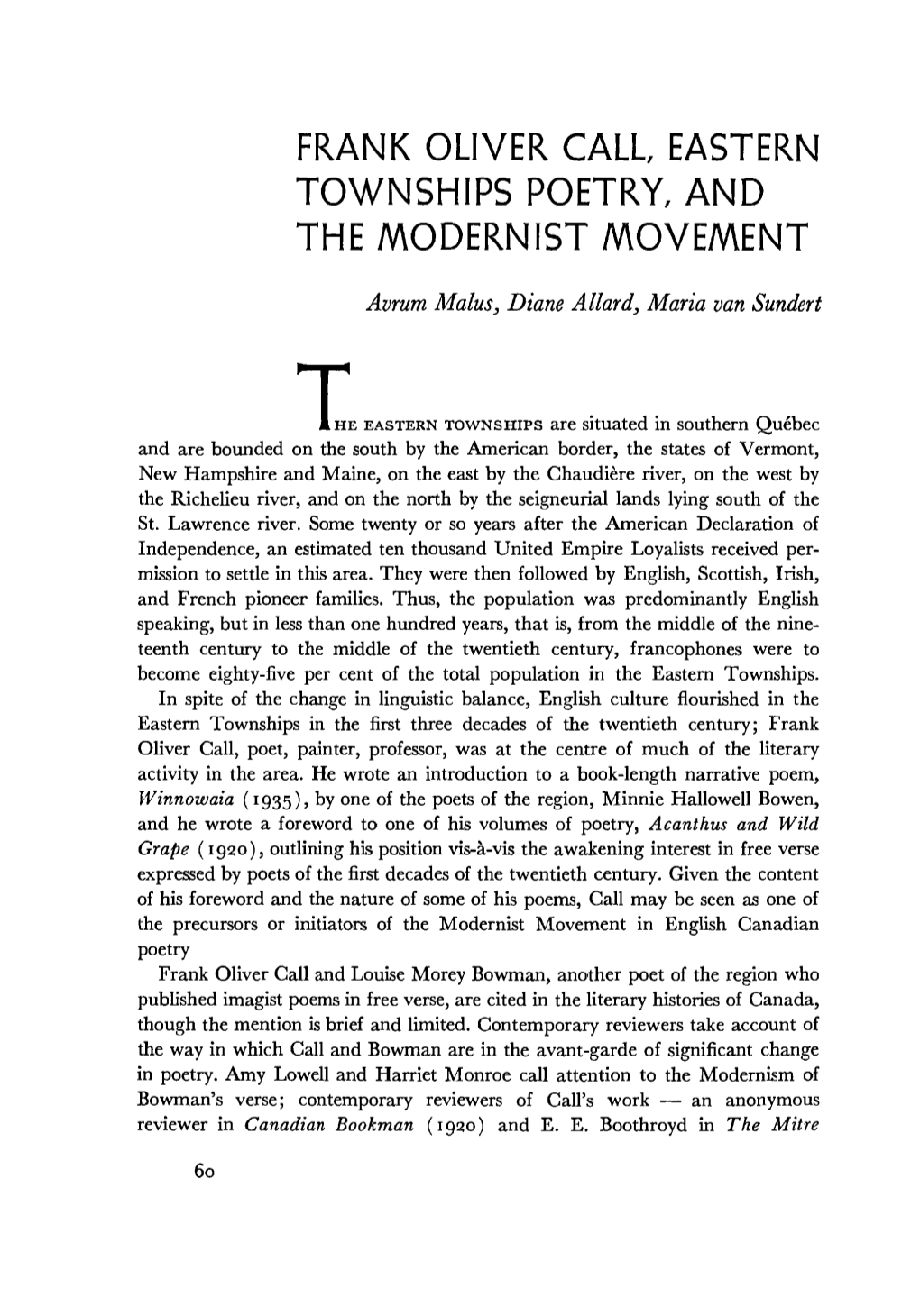 Frank Oliver Call, Eastern Townships Poetry, and the Modernist Movement