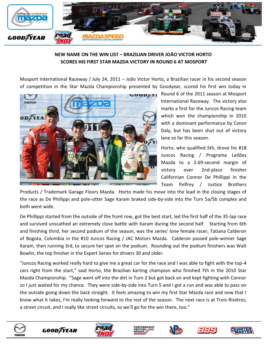New Name on the Win List – Brazilian Driver João Victor Horto Scores His First Star Mazda Victory in Round 6 at Mosport