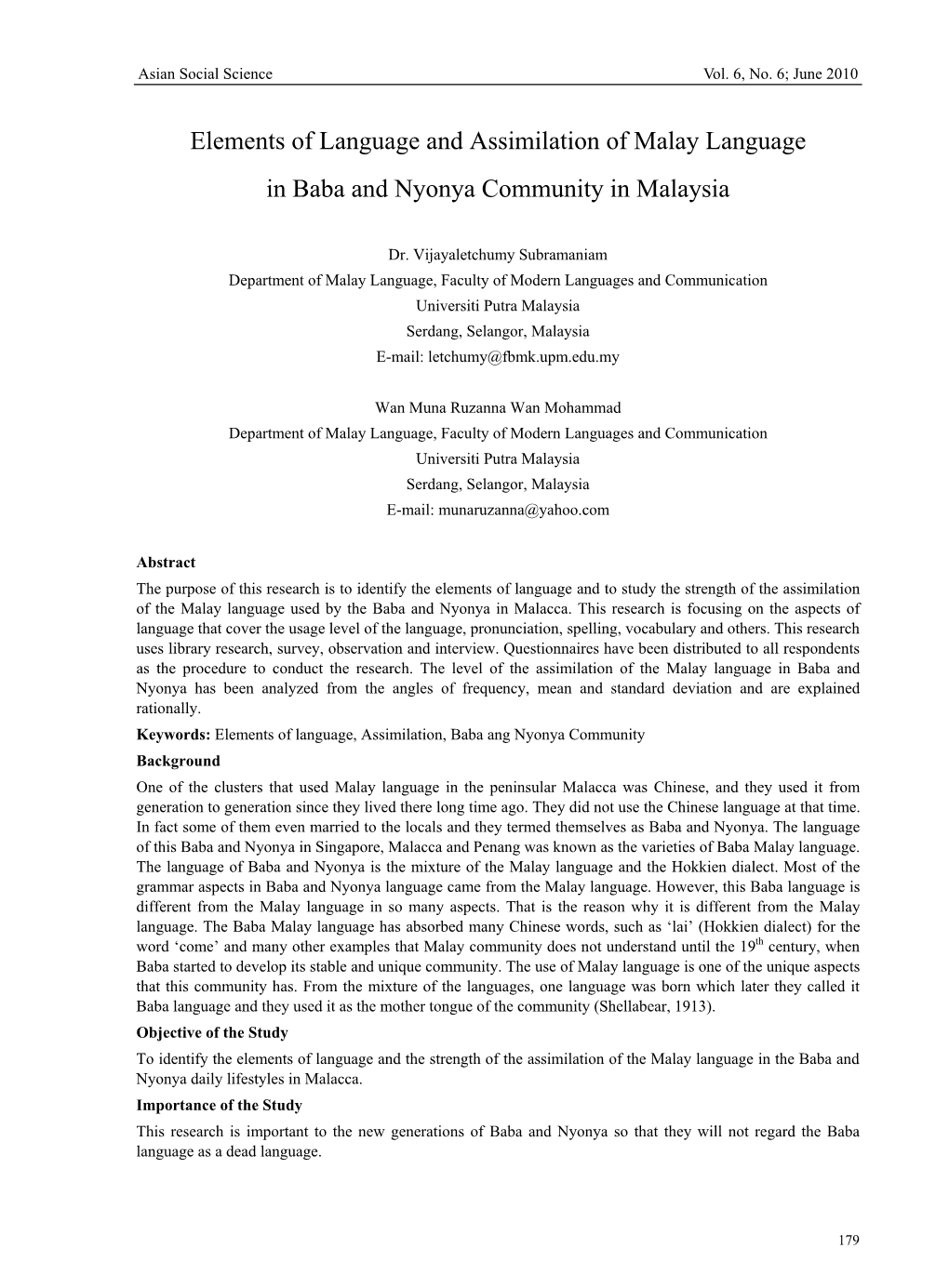Elements of Language and Assimilation of Malay Language in Baba and Nyonya Community in Malaysia