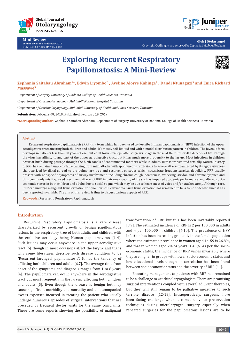 Exploring Recurrent Respiratory Papillomatosis: a Mini-Review