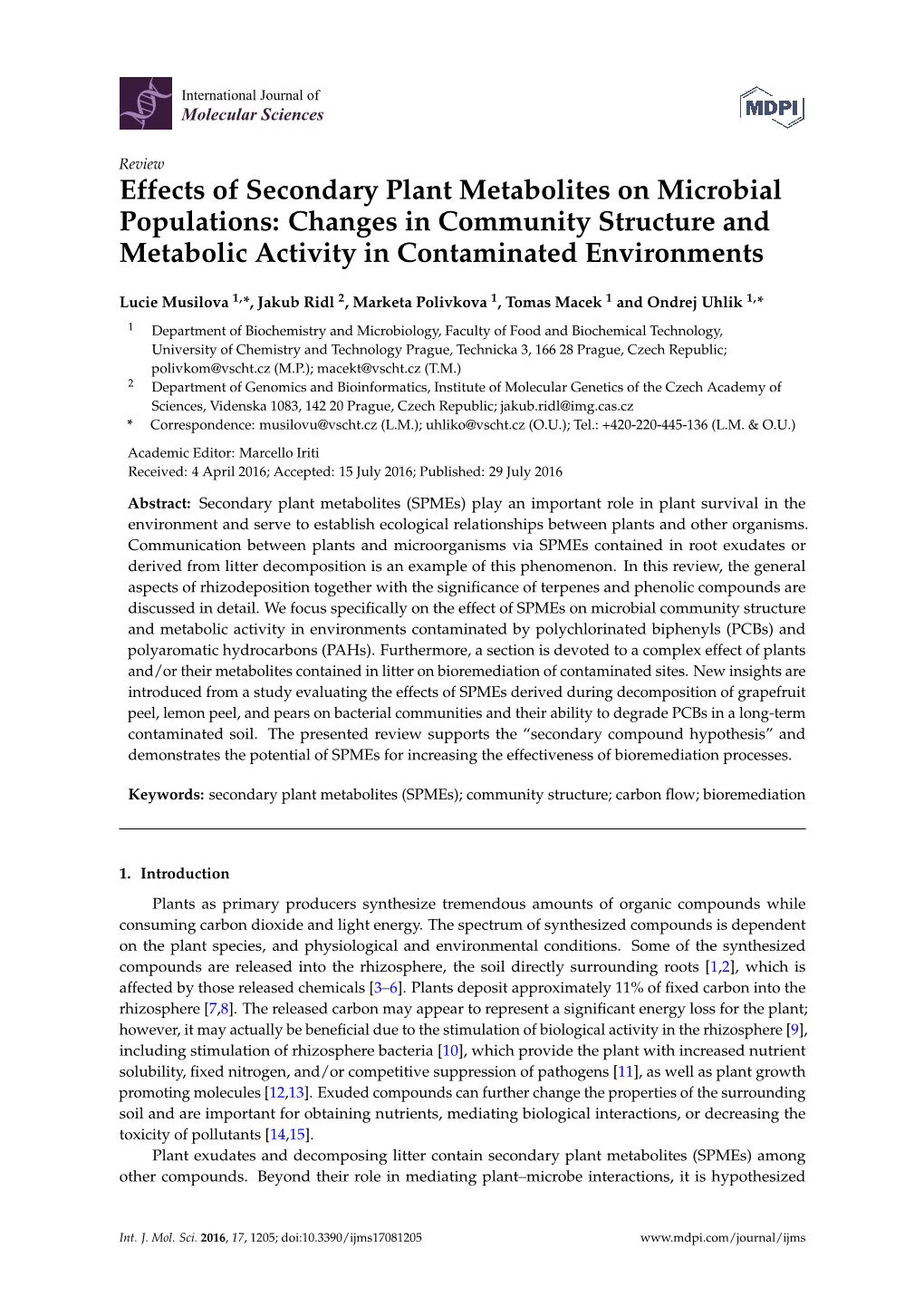 Effects of Secondary Plant Metabolites on Microbial Populations: Changes in Community Structure and Metabolic Activity in Contaminated Environments