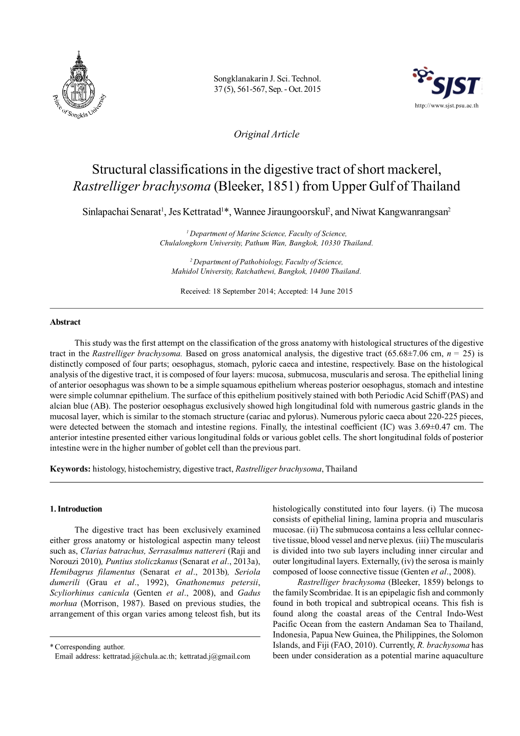 Structural Classifications in the Digestive Tract of Short Mackerel, Rastrelliger Brachysoma (Bleeker, 1851) from Upper Gulf of Thailand