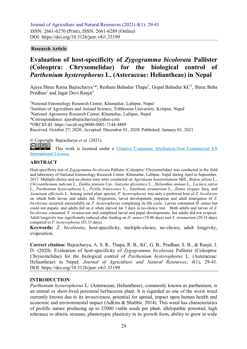 Evaluation of Host-Specificity of Zygogramma Bicolorata Pallister (Coleoptra: Chrysomelidae) for the Biological Control of Parthenium Hysterophorus L