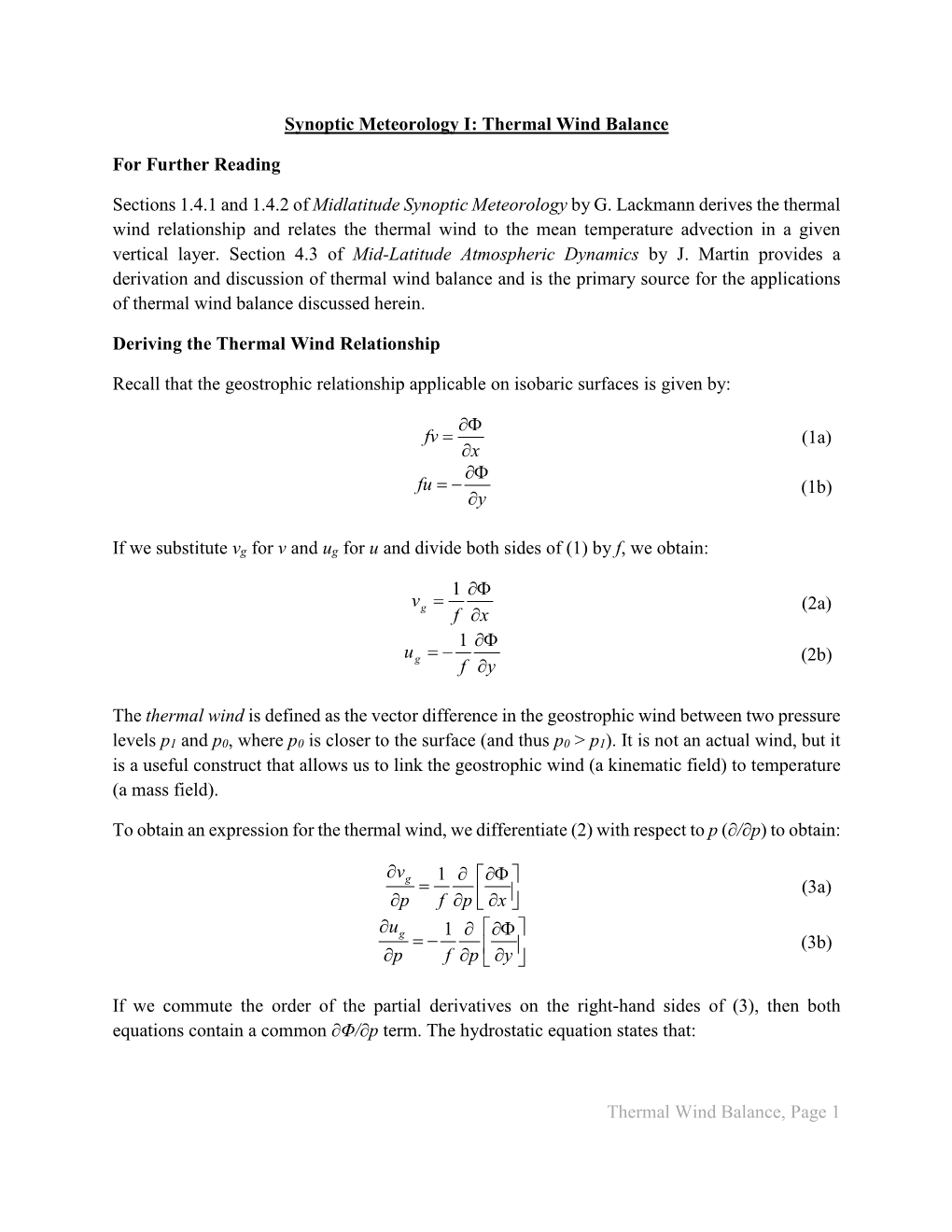 Thermal Wind Balance, Page 1 Synoptic Meteorology I