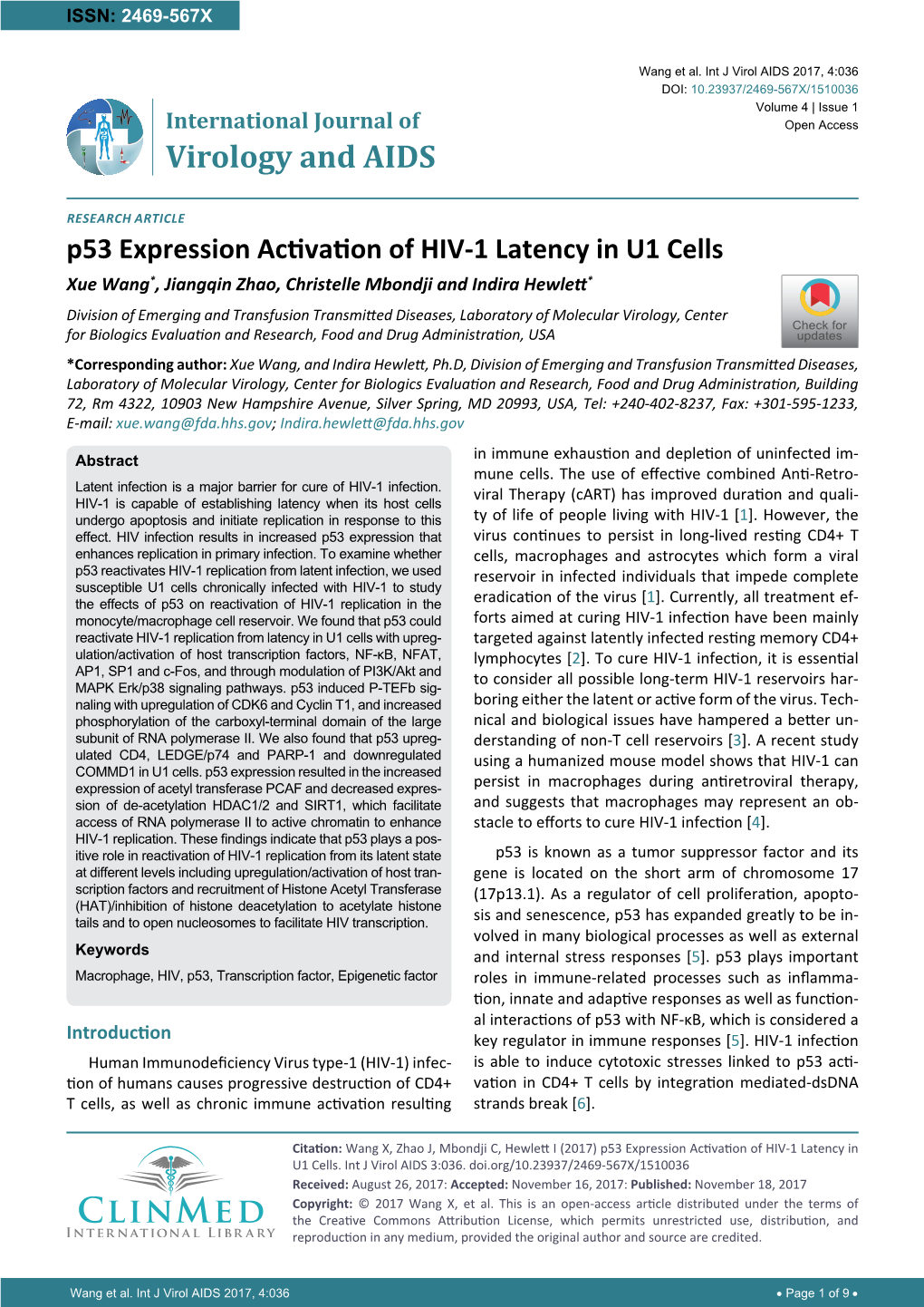 P53 Expression Activation of HIV-1 Latency in U1 Cells