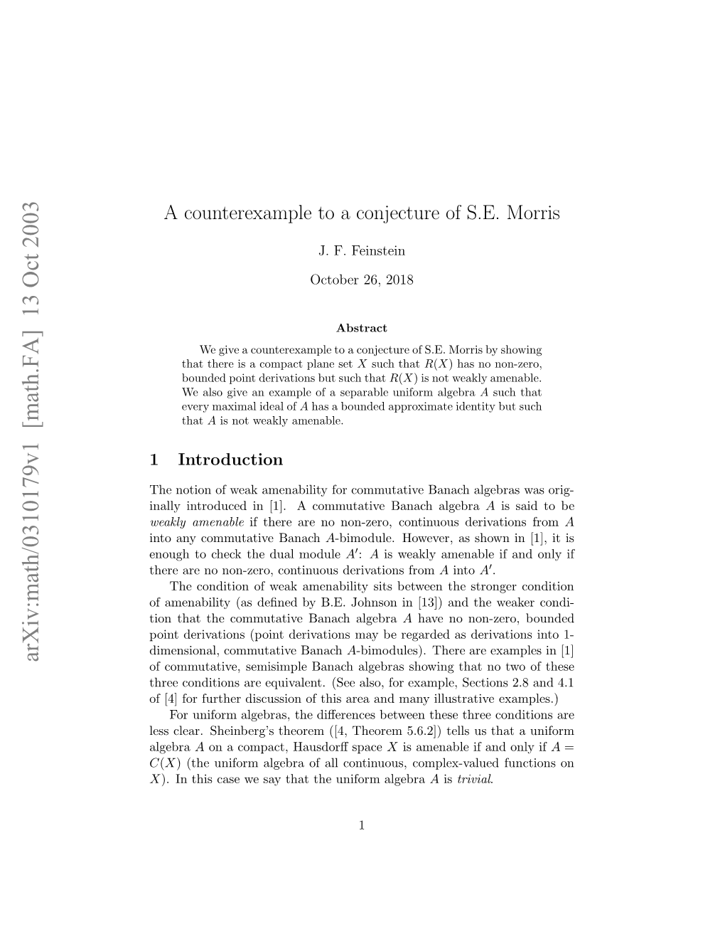 Arxiv:Math/0310179V1 [Math.FA] 13 Oct 2003 Noaycmuaiebanach Commutative Any Into Nlyitoue N[] Omttv Aahalgebra Banach Commutative a Amenable [1]