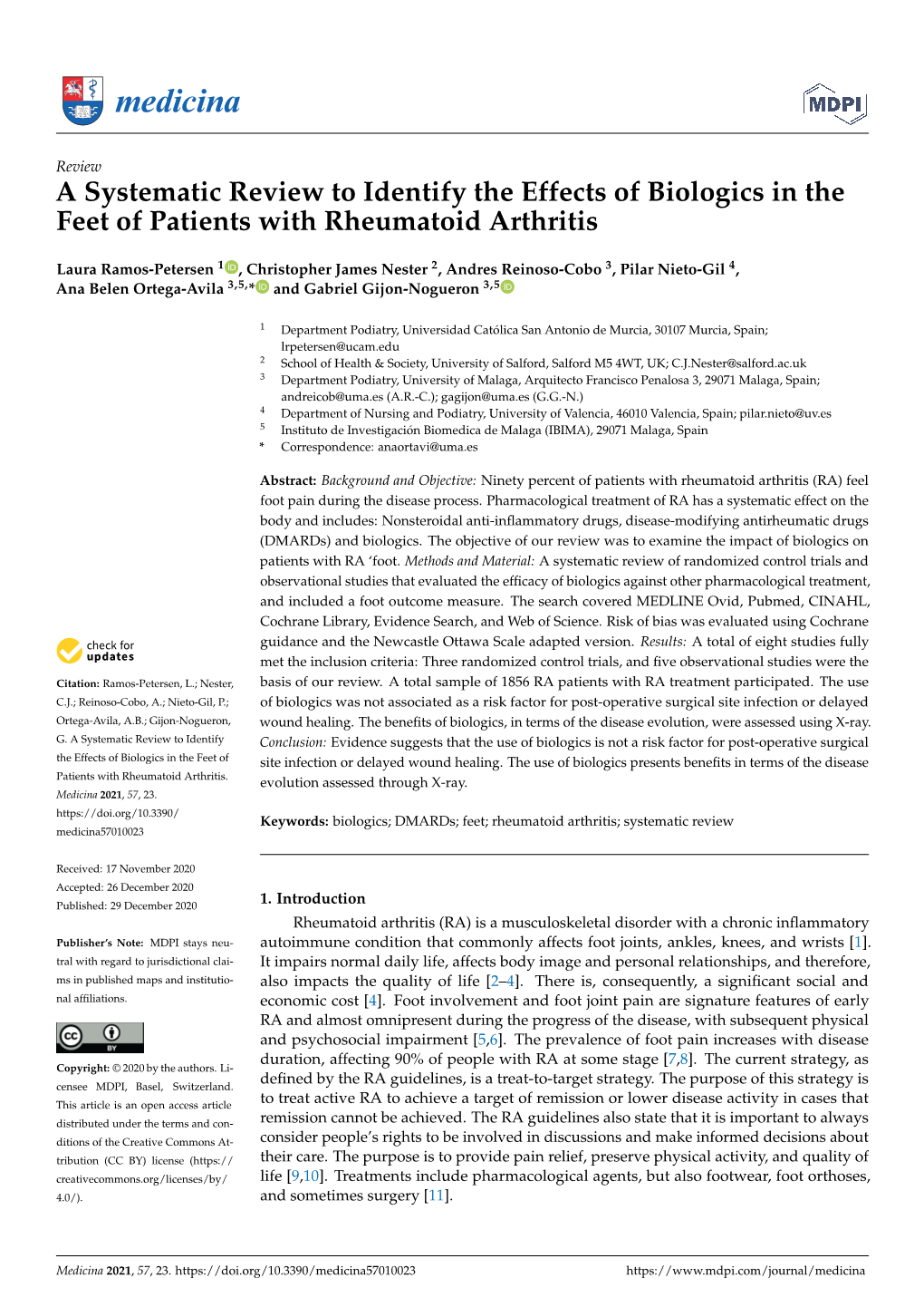 A Systematic Review to Identify the Effects of Biologics in the Feet of Patients with Rheumatoid Arthritis