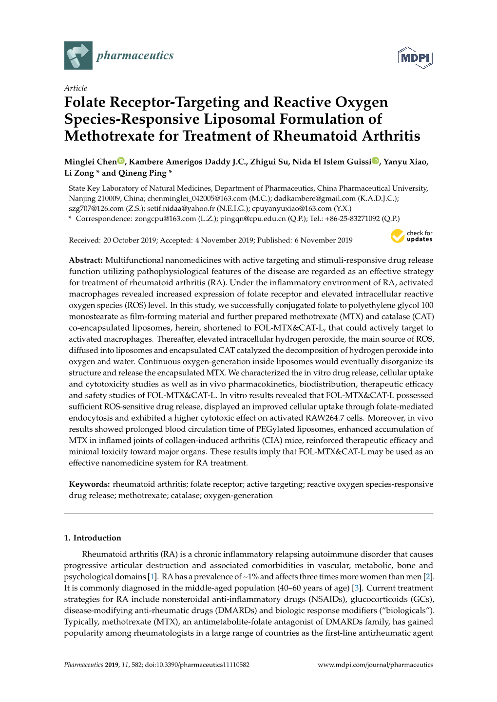 Folate Receptor-Targeting and Reactive Oxygen Species-Responsive Liposomal Formulation of Methotrexate for Treatment of Rheumatoid Arthritis