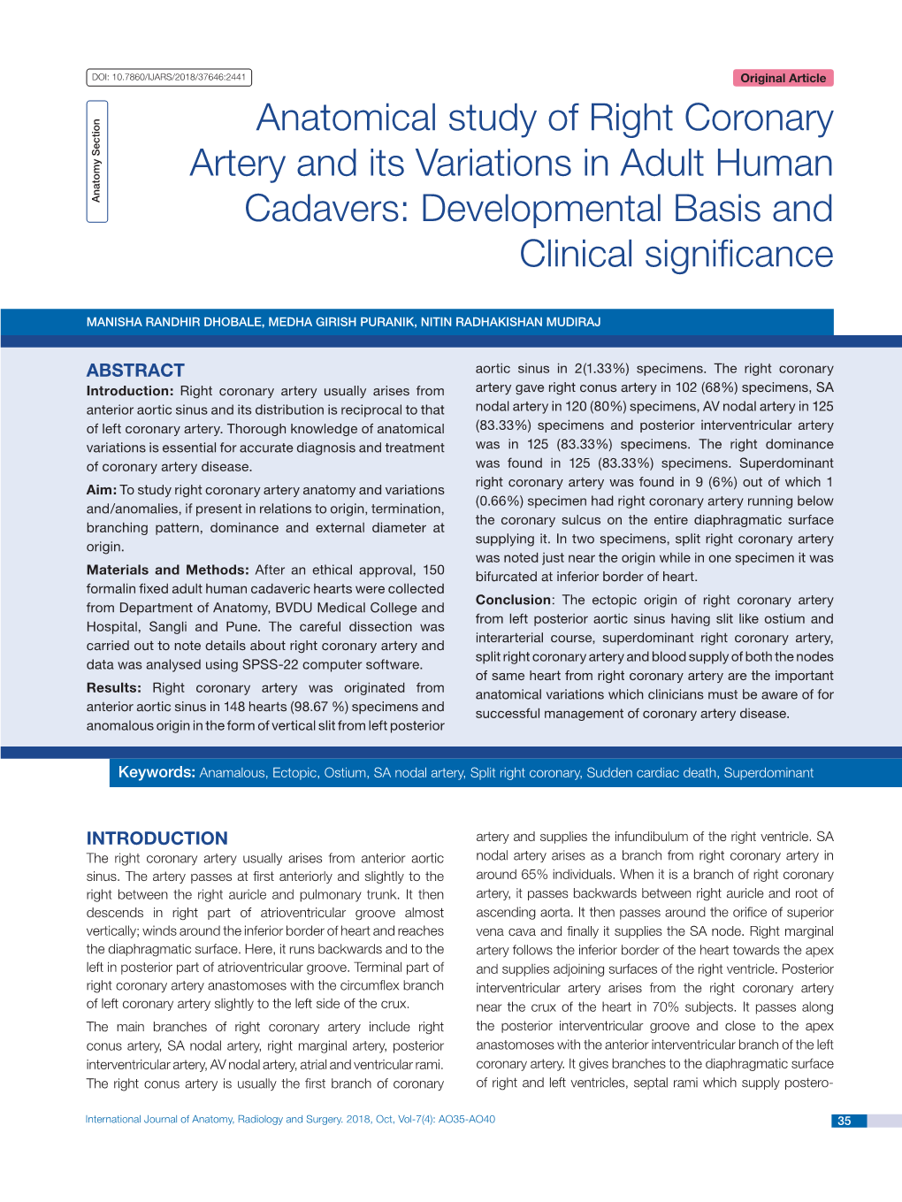 Anatomical Study of Right Coronary Artery and Its Variations in Adult Human Anatomy Section Cadavers: Developmental Basis and Clinical Significance