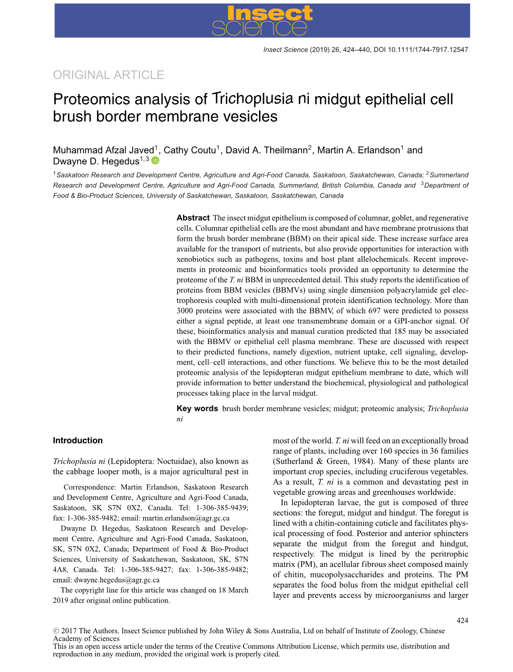 Proteomics Analysis of Trichoplusia Ni Midgut Epithelial Cell Brush Border Membrane Vesicles