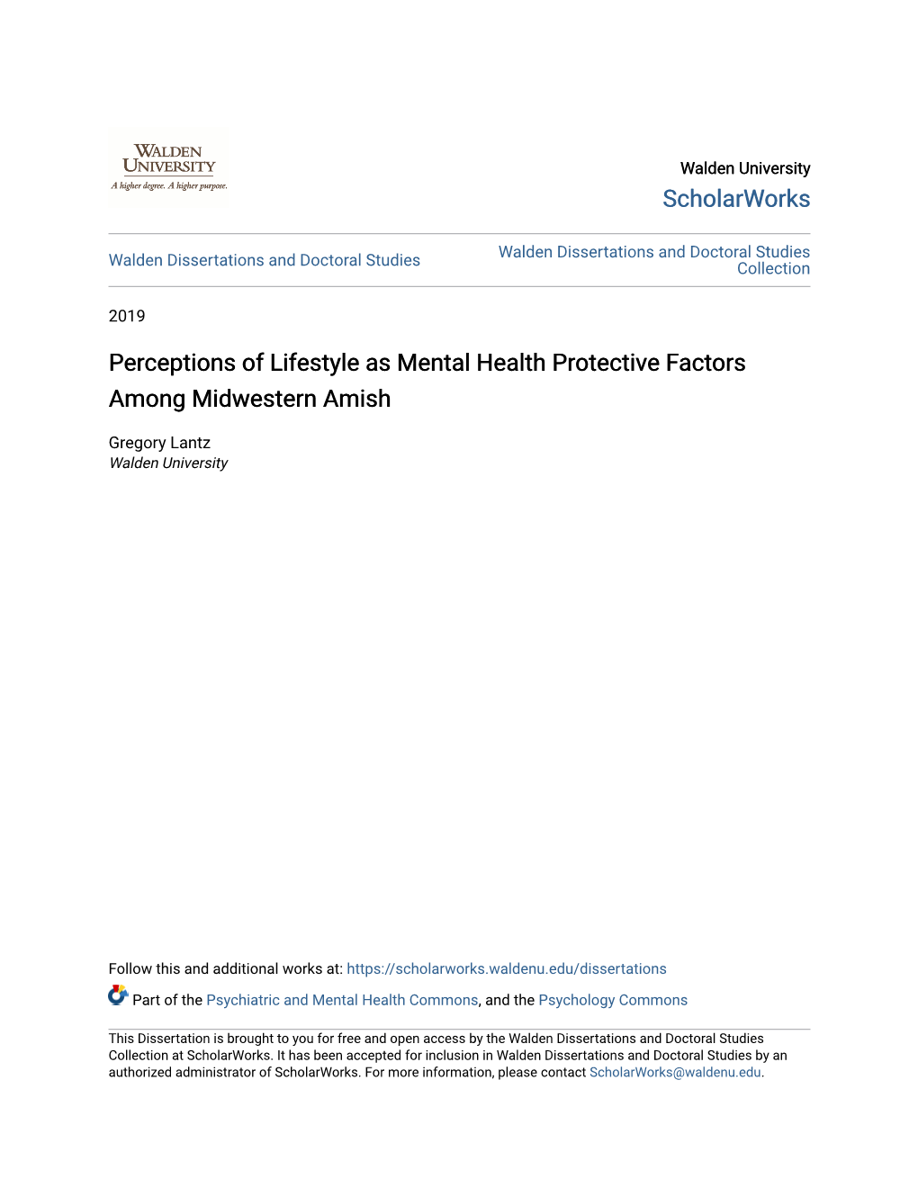 Perceptions of Lifestyle As Mental Health Protective Factors Among Midwestern Amish