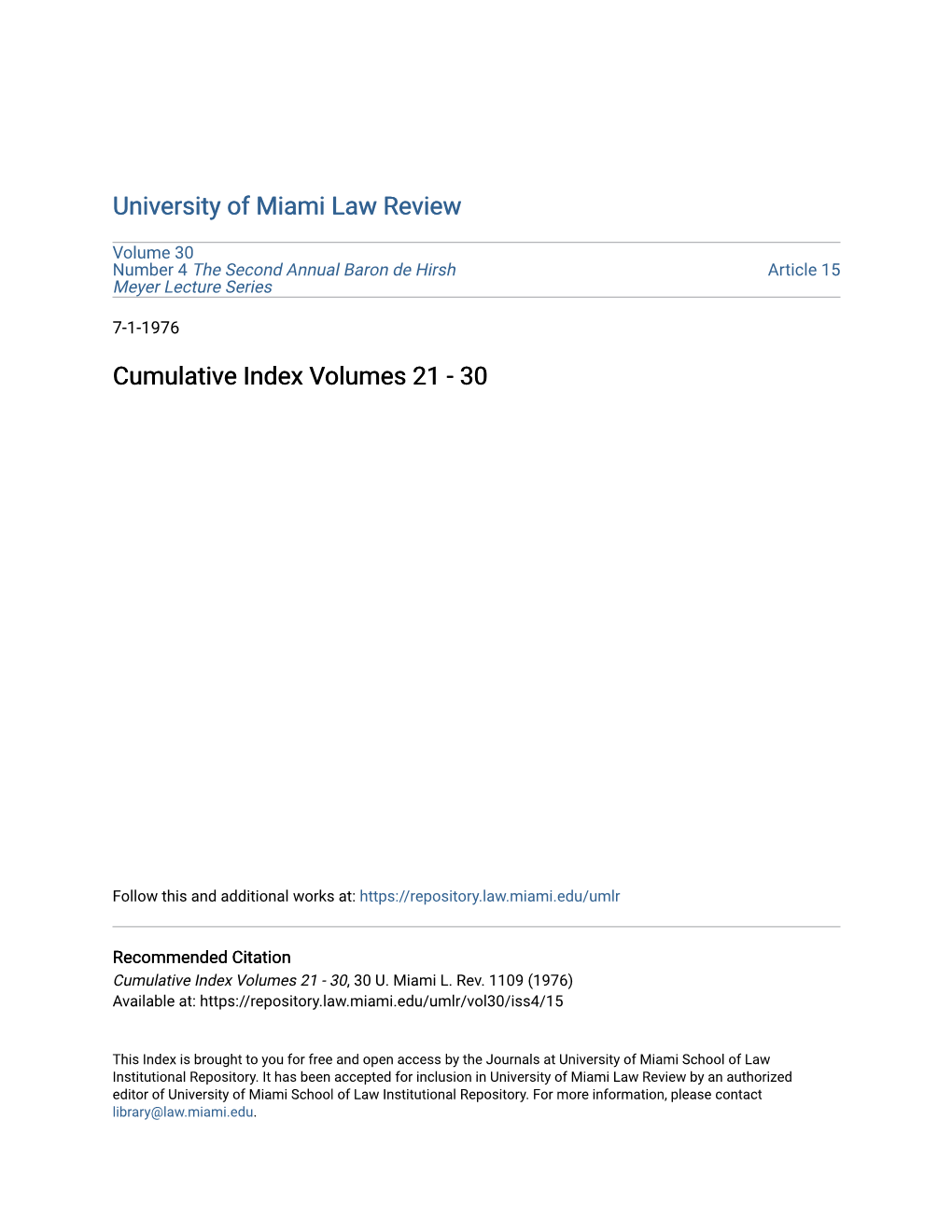 Cumulative Index Volumes 21 - 30