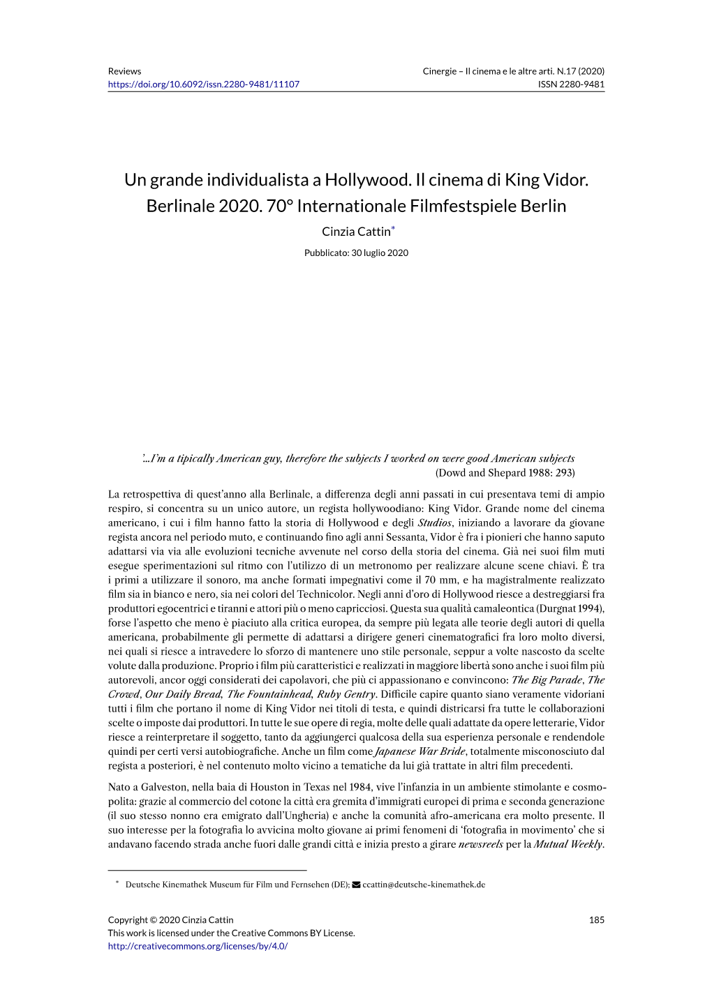 Un Grande Individualista a Hollywood. Il Cinema Di King Vidor. Berlinale 2020. 70° Internationale Filmfestspiele Berlin Cinzia Cattin*