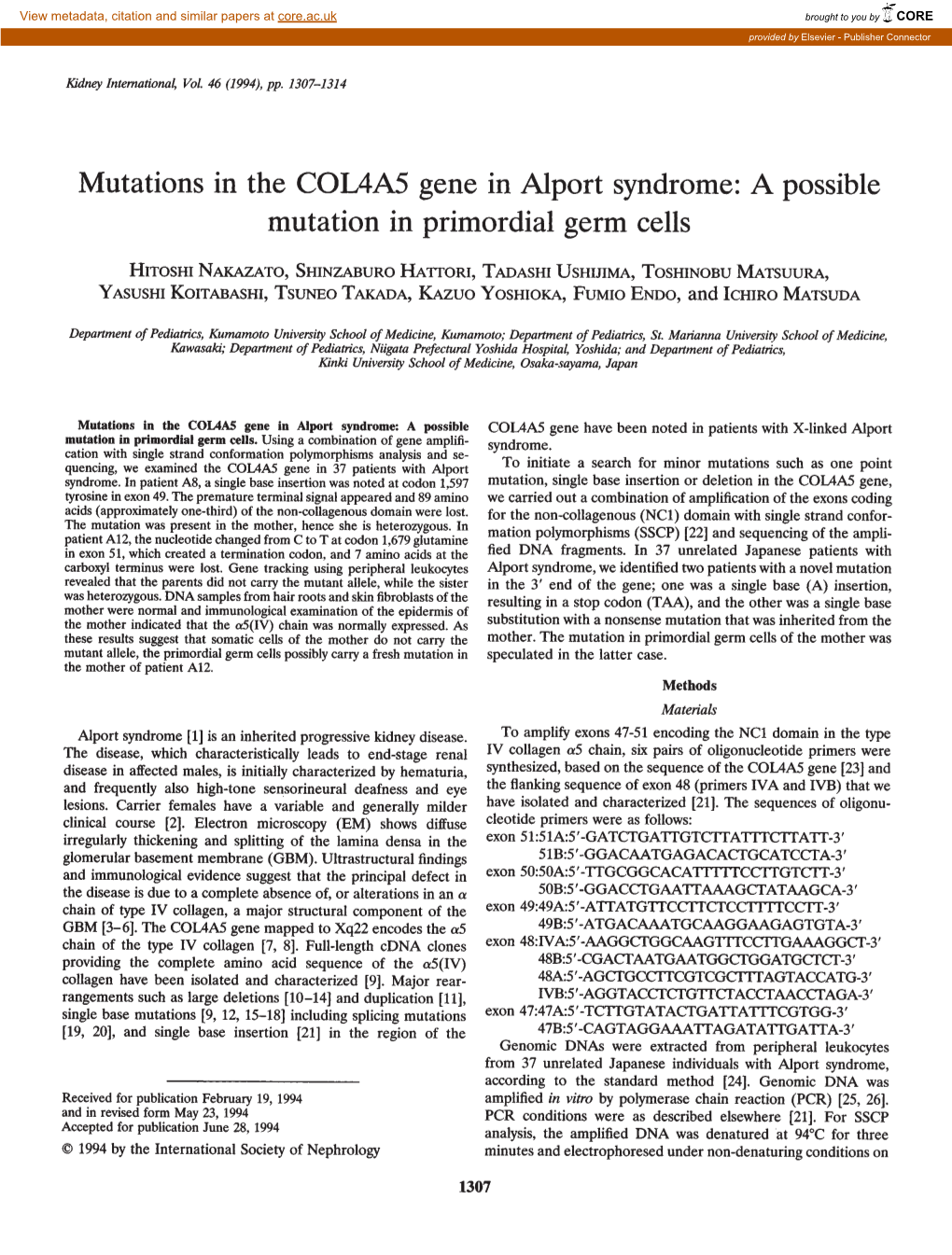 Mutations in the COL4A5 Gene in Alport Syndrome: a Possible Mutation in Primordial Germ Cells