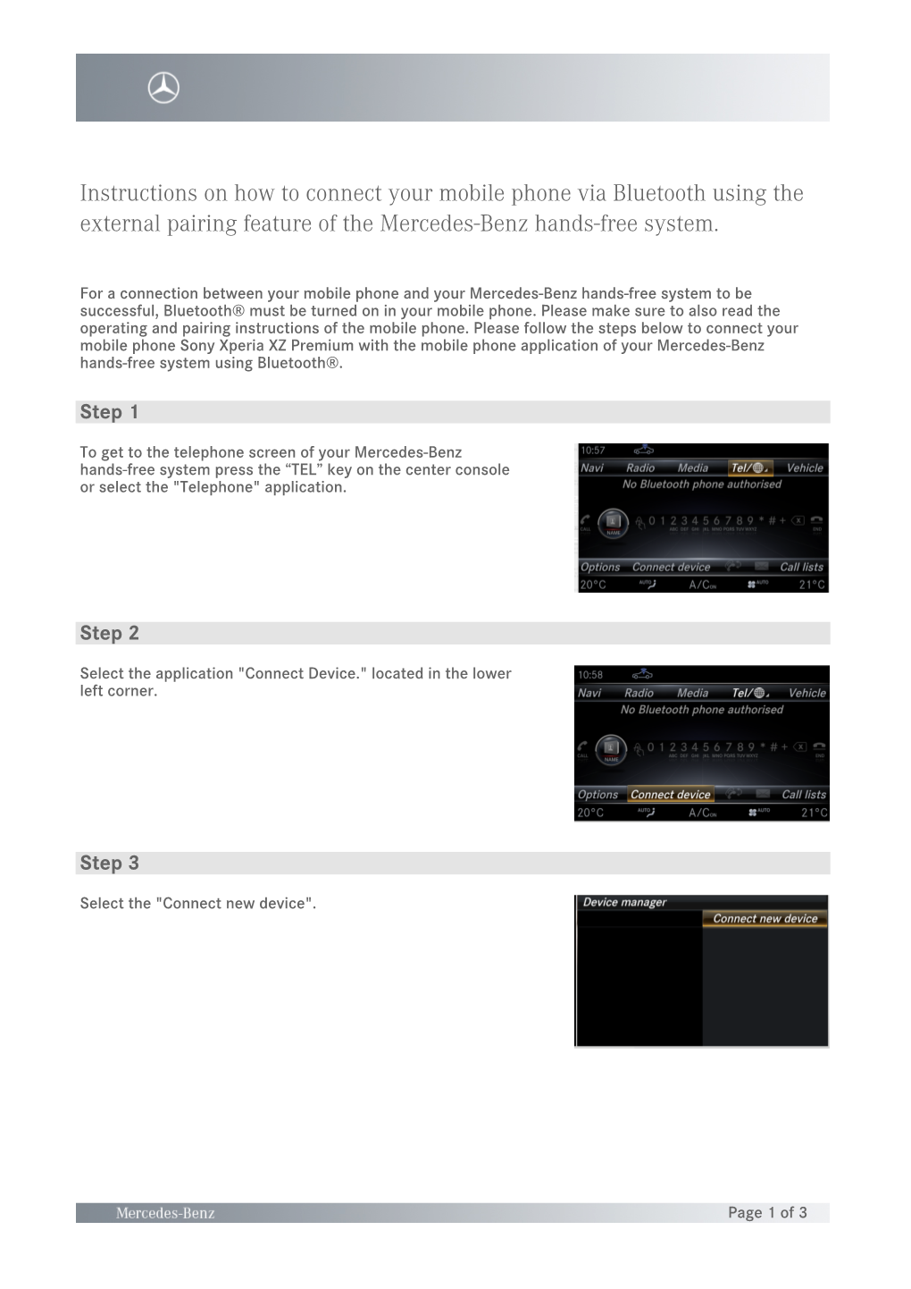 Instructions on How to Connect Your Mobile Phone Via Bluetooth Using the External Pairing Feature of the Mercedes-Benz Hands-Free System