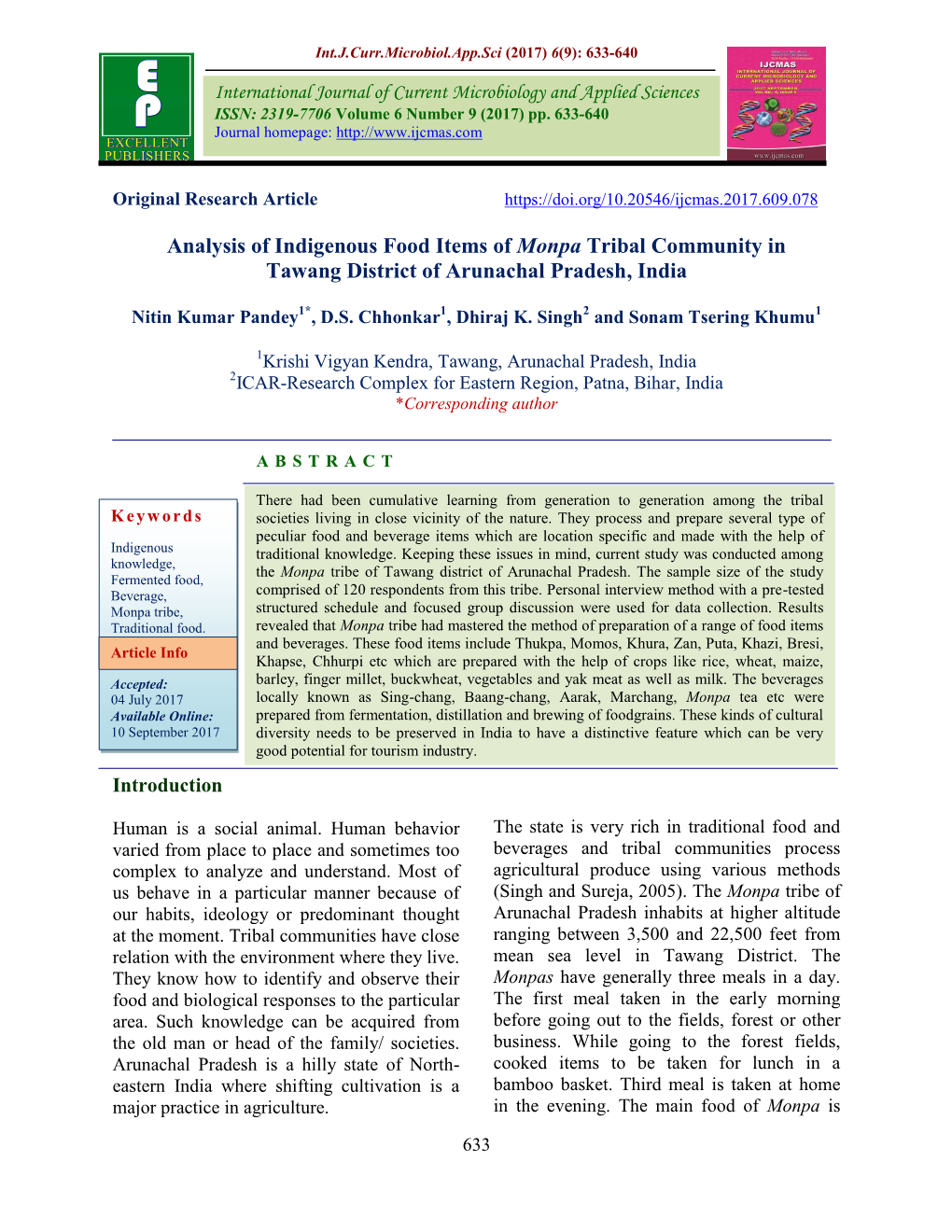 Analysis of Indigenous Food Items of Monpa Tribal Community in Tawang District of Arunachal Pradesh, India