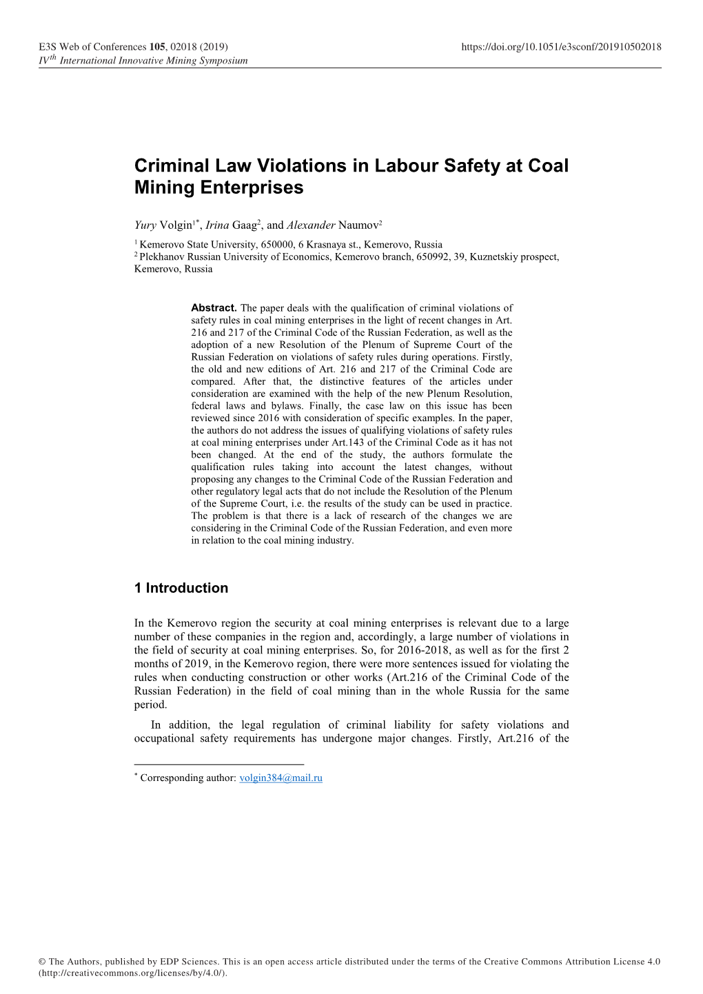 Criminal Law Violations in Labour Safety at Coal Mining Enterprises