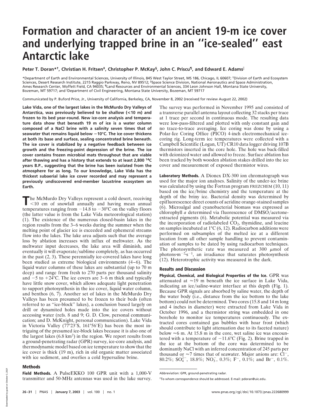 Formation and Character of an Ancient 19-M Ice Cover and Underlying Trapped Brine in an ‘‘Ice-Sealed’’ East Antarctic Lake