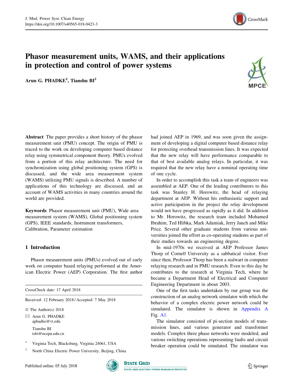 Phasor Measurement Units, WAMS, and Their Applications in Protection and Control of Power Systems