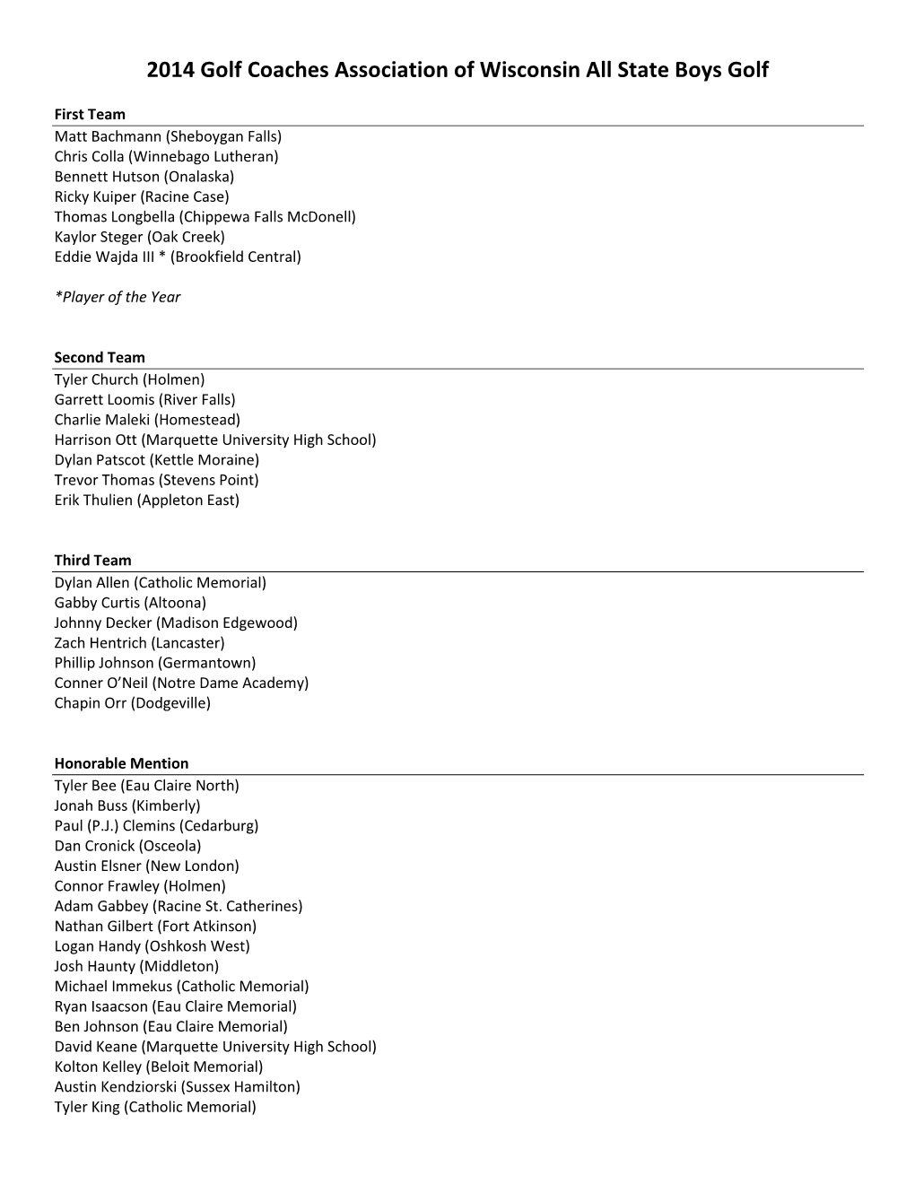 2014 Golf Coaches Association of Wisconsin All State Boys Golf