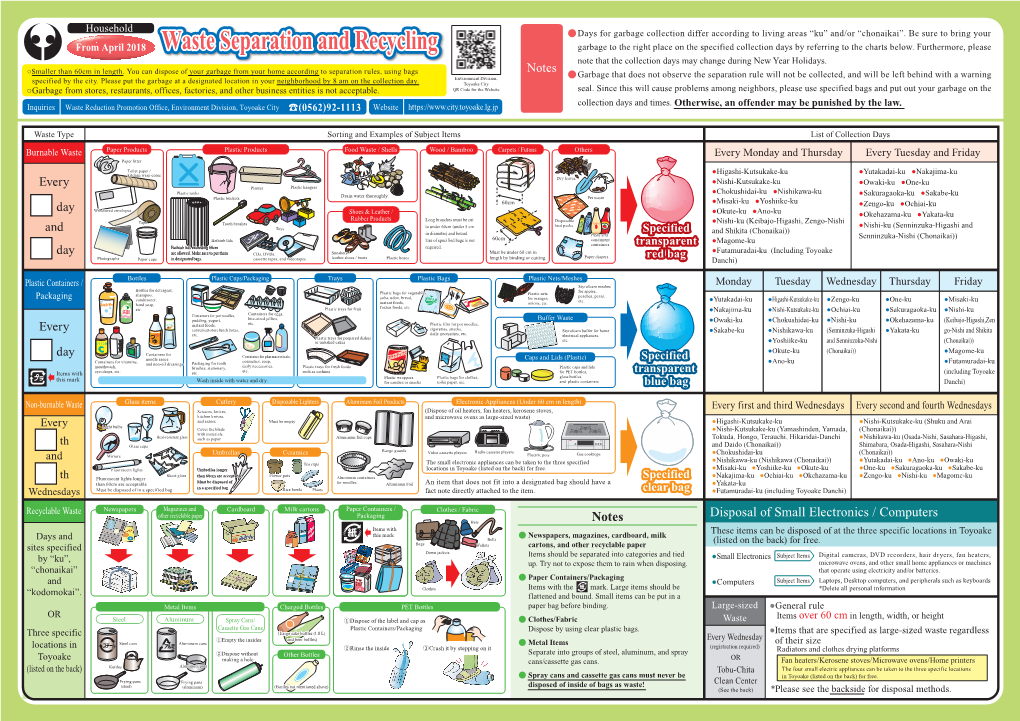 Waste Separation and Recycling Note That the Collection Days May Change During New Year Holidays