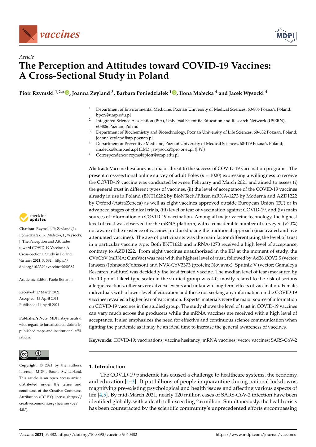 The Perception and Attitudes Toward COVID-19 Vaccines: a Cross-Sectional Study in Poland