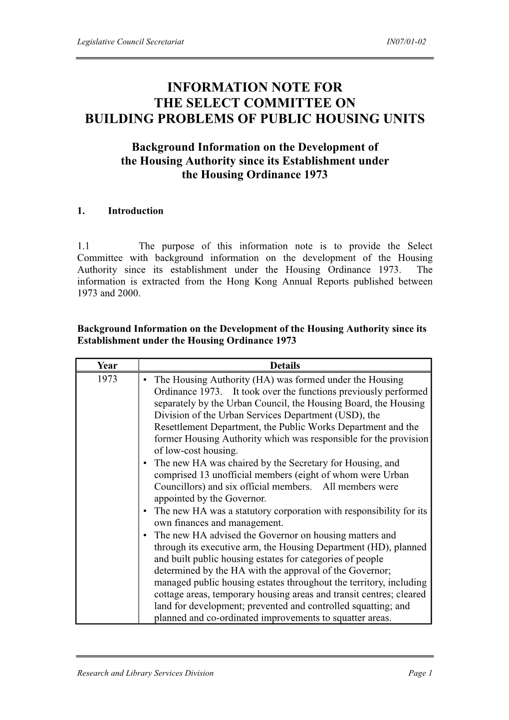 Information Note for the Select Committee on Building Problems of Public Housing Units