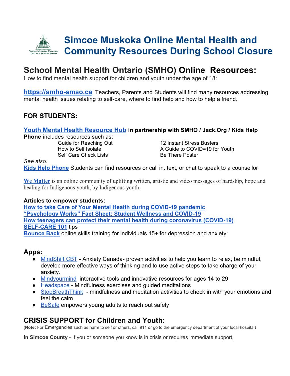 Simcoe Muskoka Online Mental Health and Community Resources During School Closure