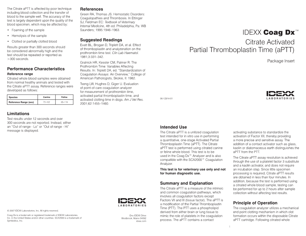 IDEXX Coag Dx Citrate Activated Partial Thromboplastin Time (Aptt)